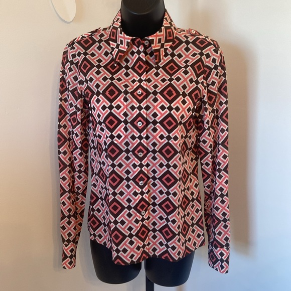 Tory Burch Womens Pink Brown Geometric Blouse Button Front Top Size 4 - Picture 2 of 7